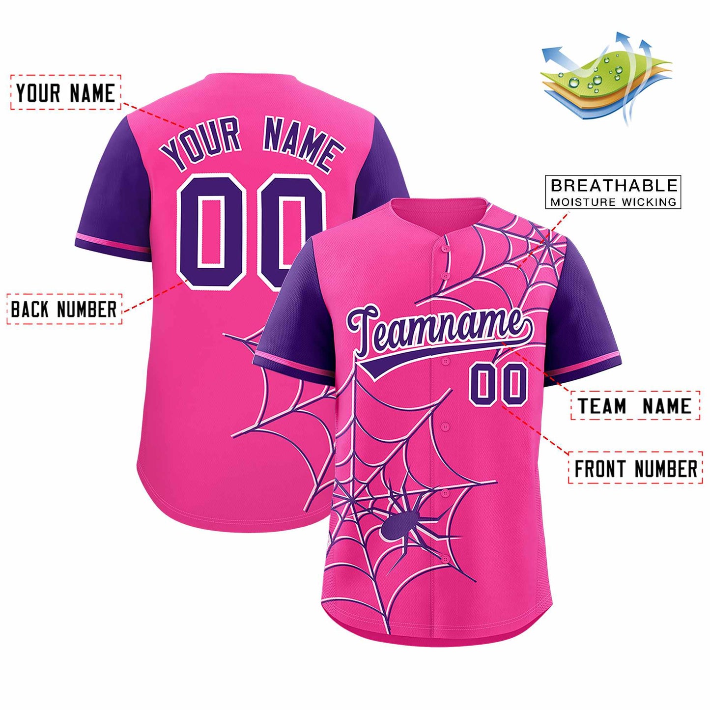 Custom Pink Purple Spider Web Pattern Raglan Sleeves Authentic Baseball Jersey Limited
