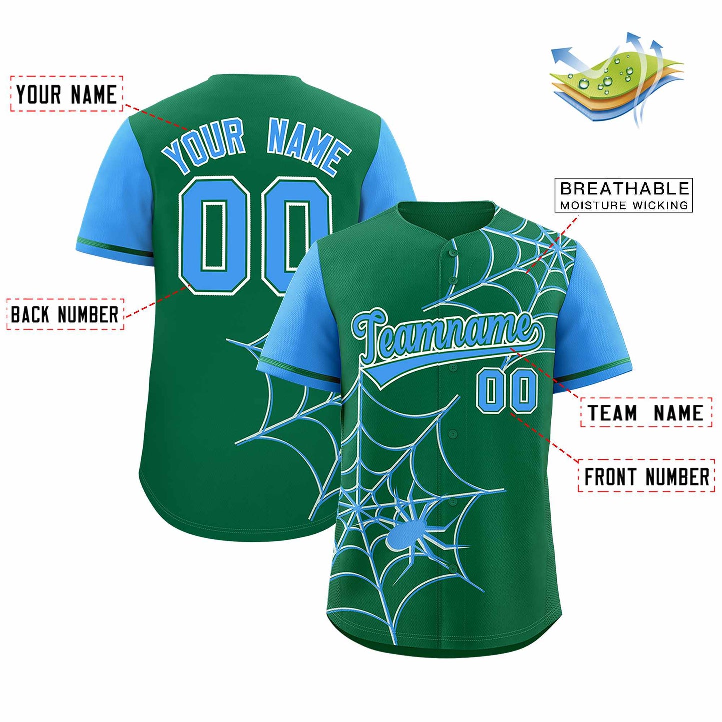 Custom Kelly Green Powder Blue Spider Web Pattern Raglan Sleeves Authentic Baseball Jersey Limited