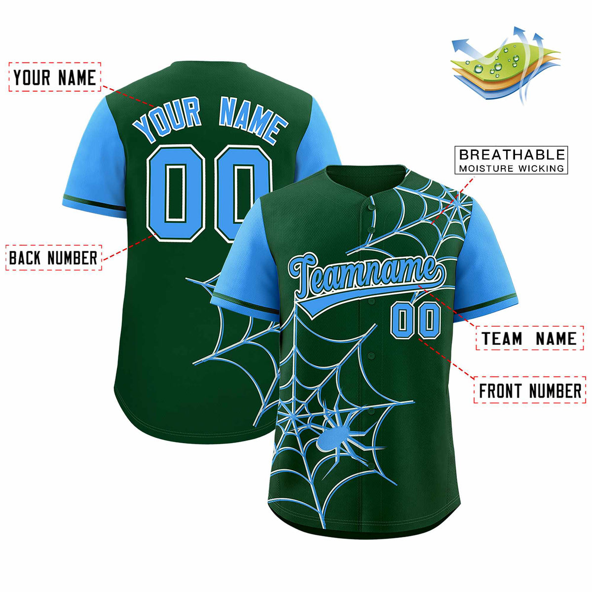 Custom Green Powder Blue Spider Web Pattern Raglan Sleeves Authentic Baseball Jersey Limited