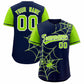 Custom Navy Neon Green Spider Web Pattern Raglan Sleeves Authentic Baseball Jersey