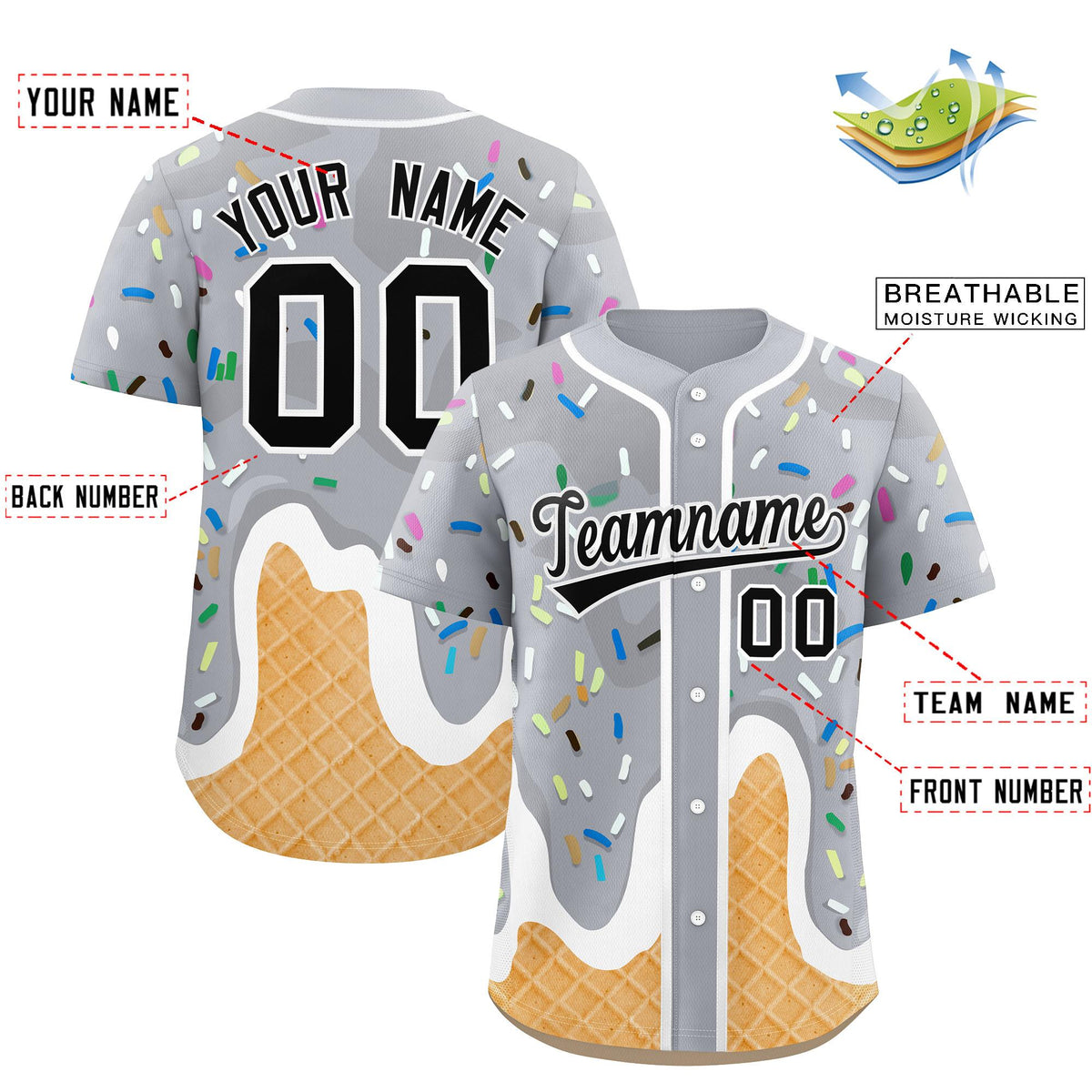 Custom Gray Ice Cream Cone Graffiti Pattern Fashion Authentic Baseball Jersey Limited