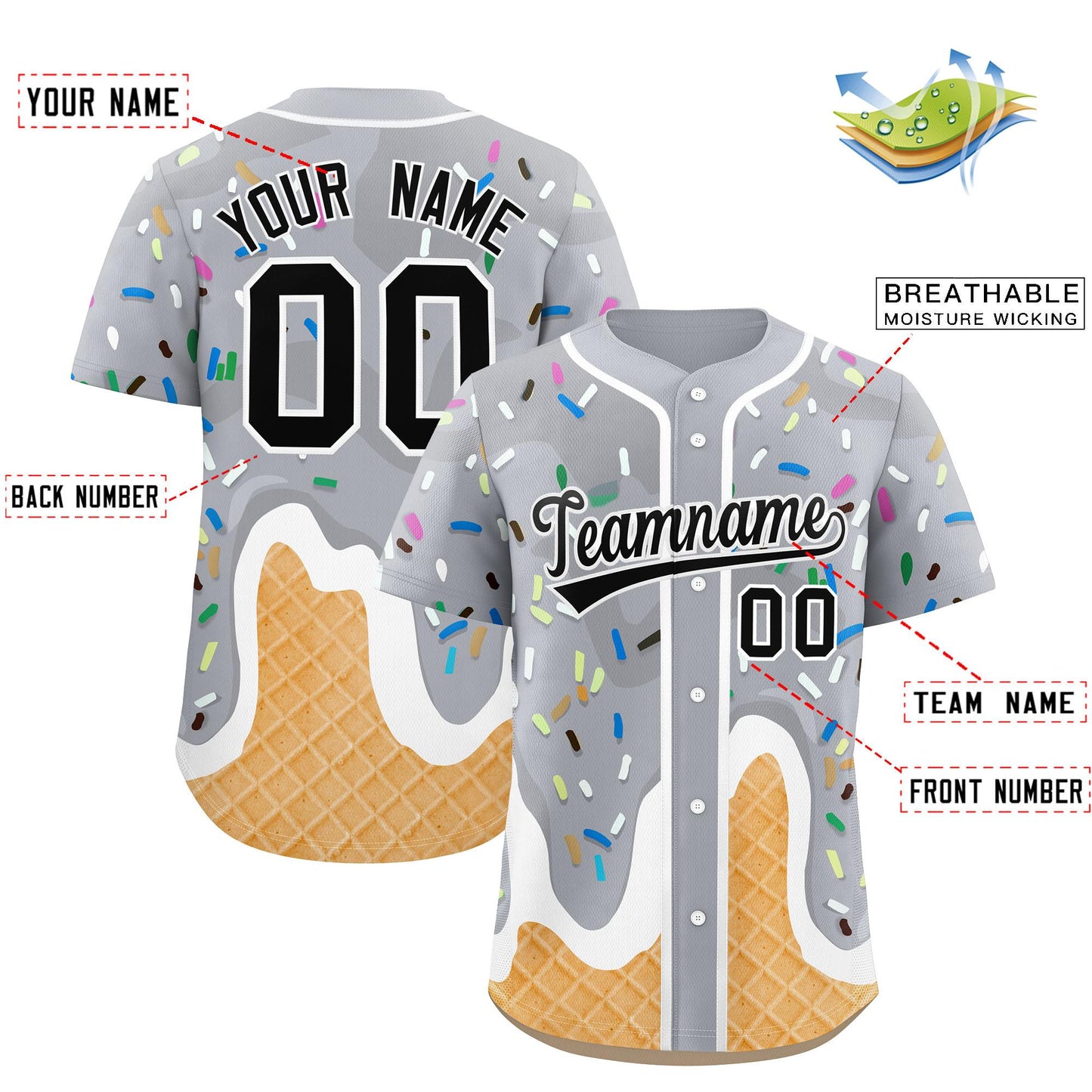 Custom Gray Ice Cream Cone Graffiti Pattern Fashion Authentic Baseball Jersey Limited