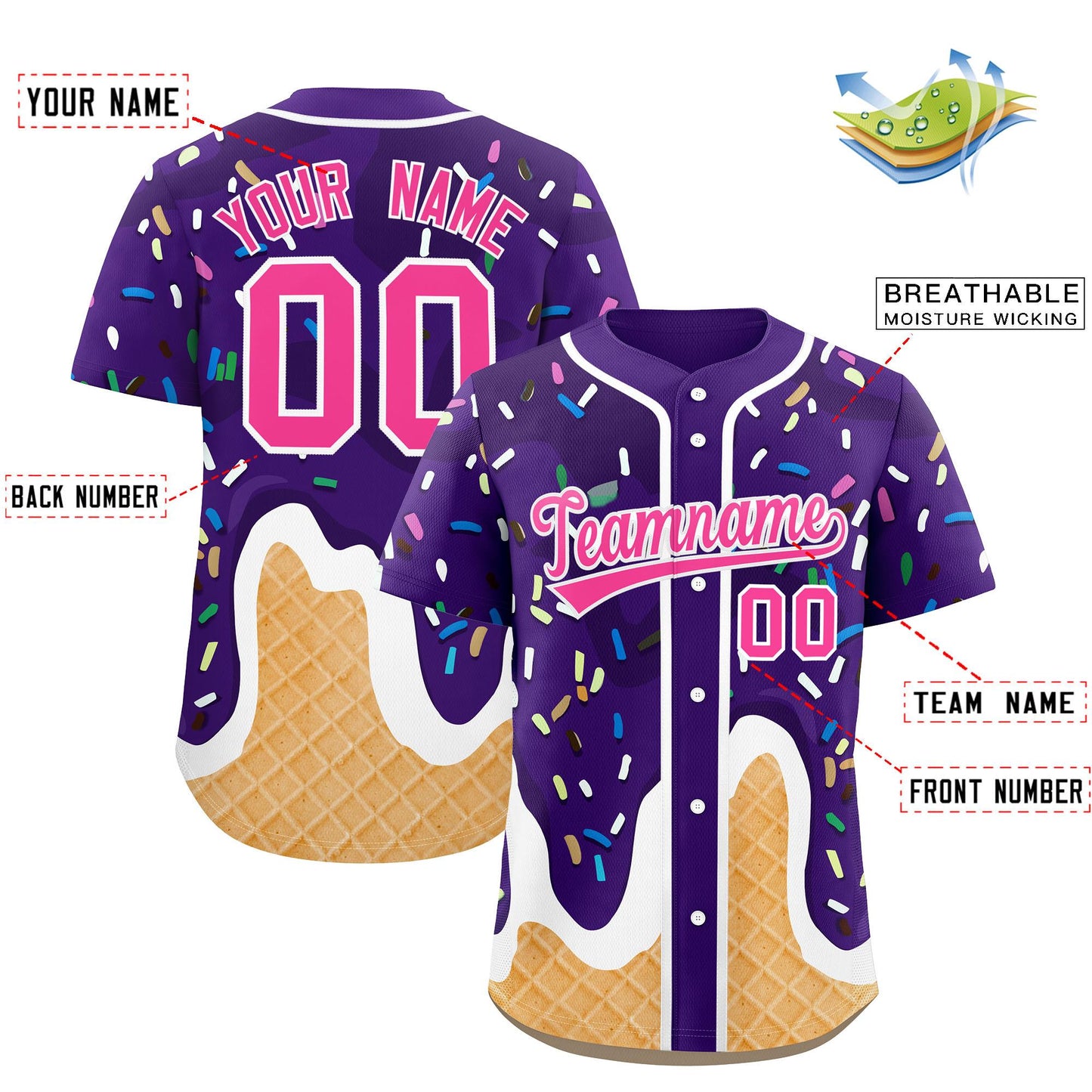 Custom Purple Ice Cream Cone Graffiti Pattern Fashion Authentic Baseball Jersey Limited