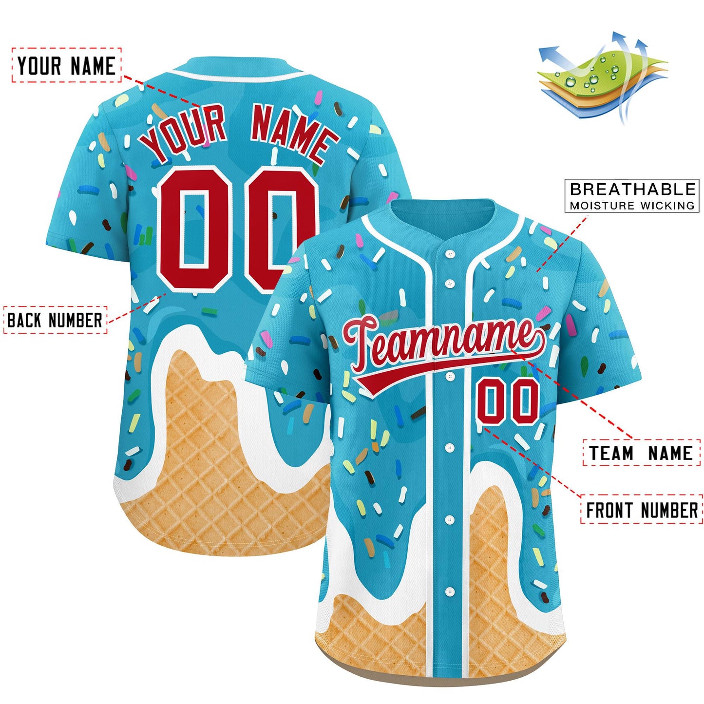 Custom Sky Blue Ice Cream Cone Graffiti Pattern Fashion Authentic Baseball Jersey Limited