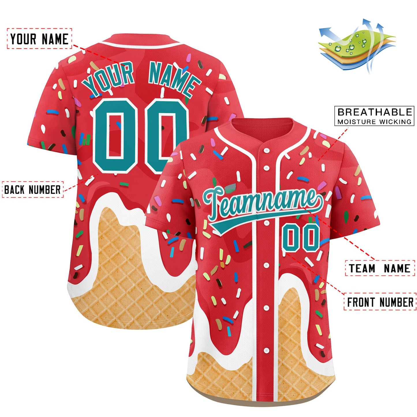Custom Light Red Ice Cream Cone Graffiti Pattern Fashion Authentic Baseball Jersey Limited