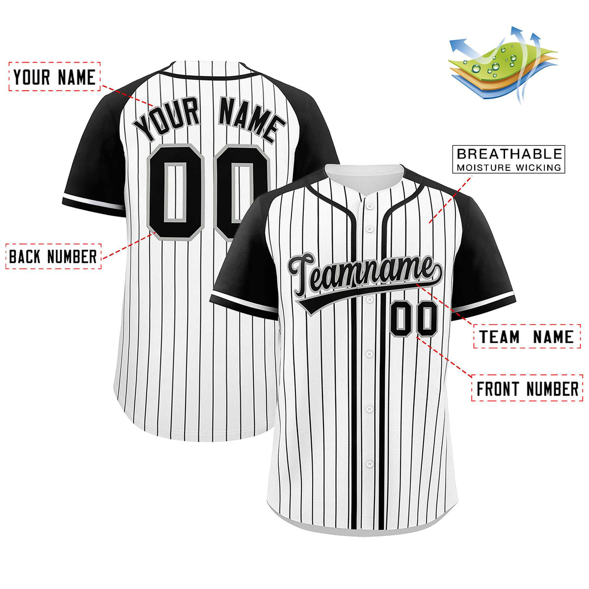 Custom White Black Stripe Fashion Raglan Sleeves Authentic Baseball Jersey Limited