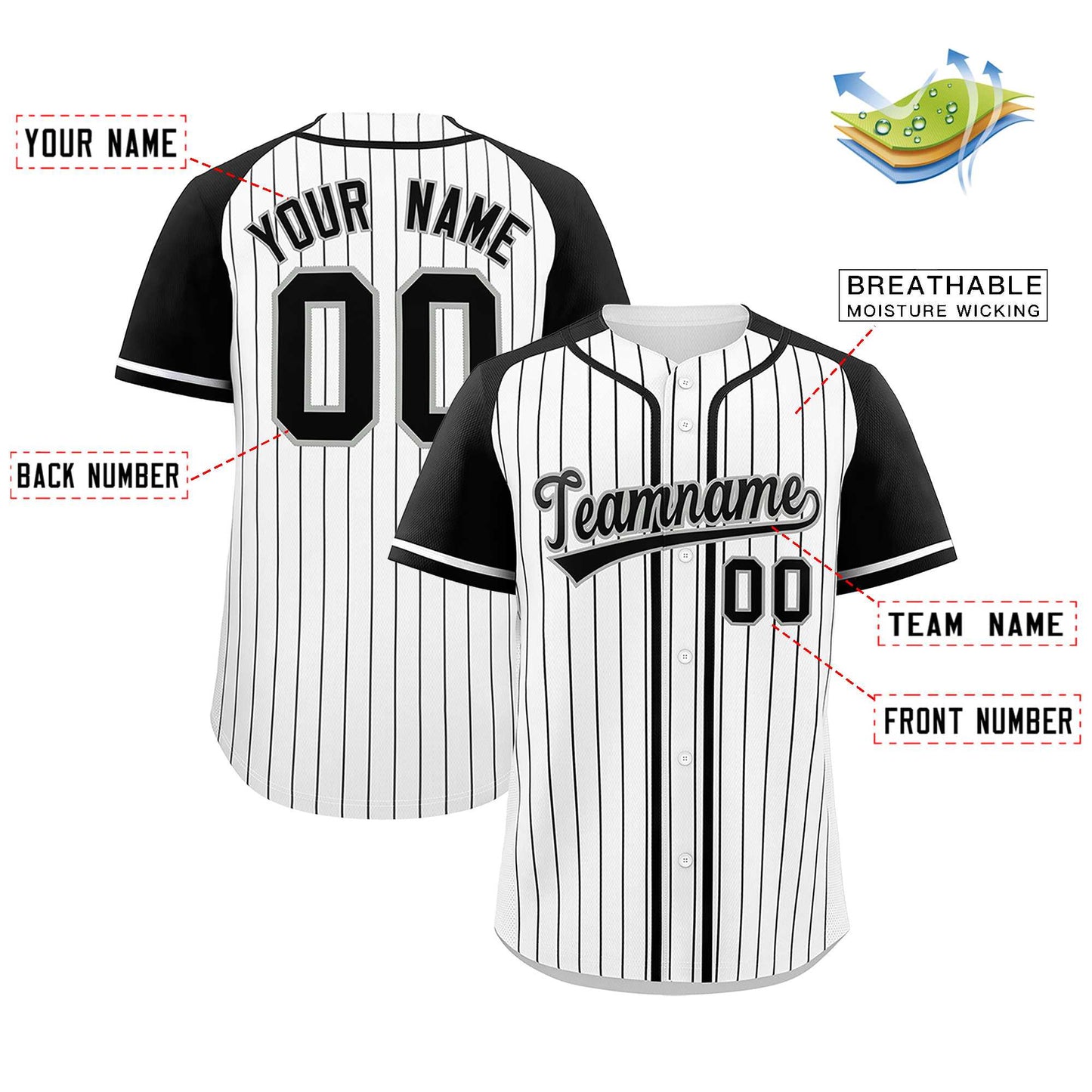 Custom White Black Stripe Fashion Raglan Sleeves Authentic Baseball Jersey Limited