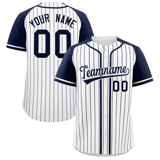 Custom White Navy Stripe Fashion Raglan Sleeves Authentic Baseball Jersey