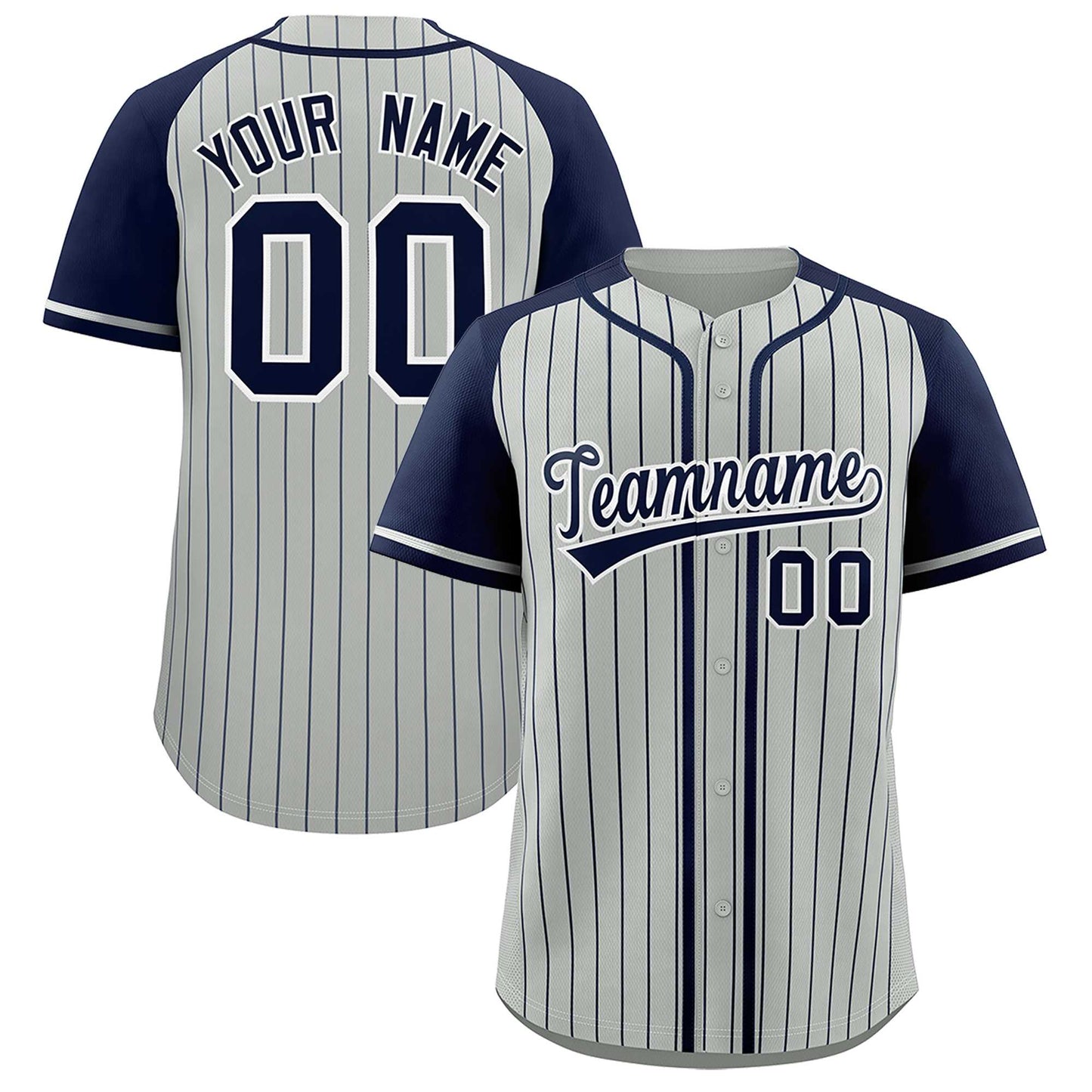 Custom Gray Navy Stripe Fashion Raglan Sleeves Authentic Baseball Jersey