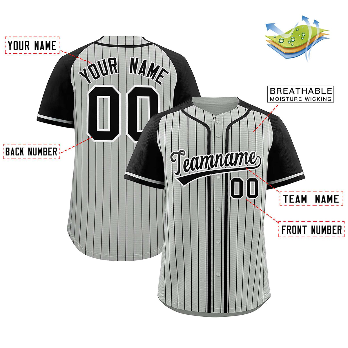 Custom Gray Black Stripe Fashion Raglan Sleeves Authentic Baseball Jersey Limited