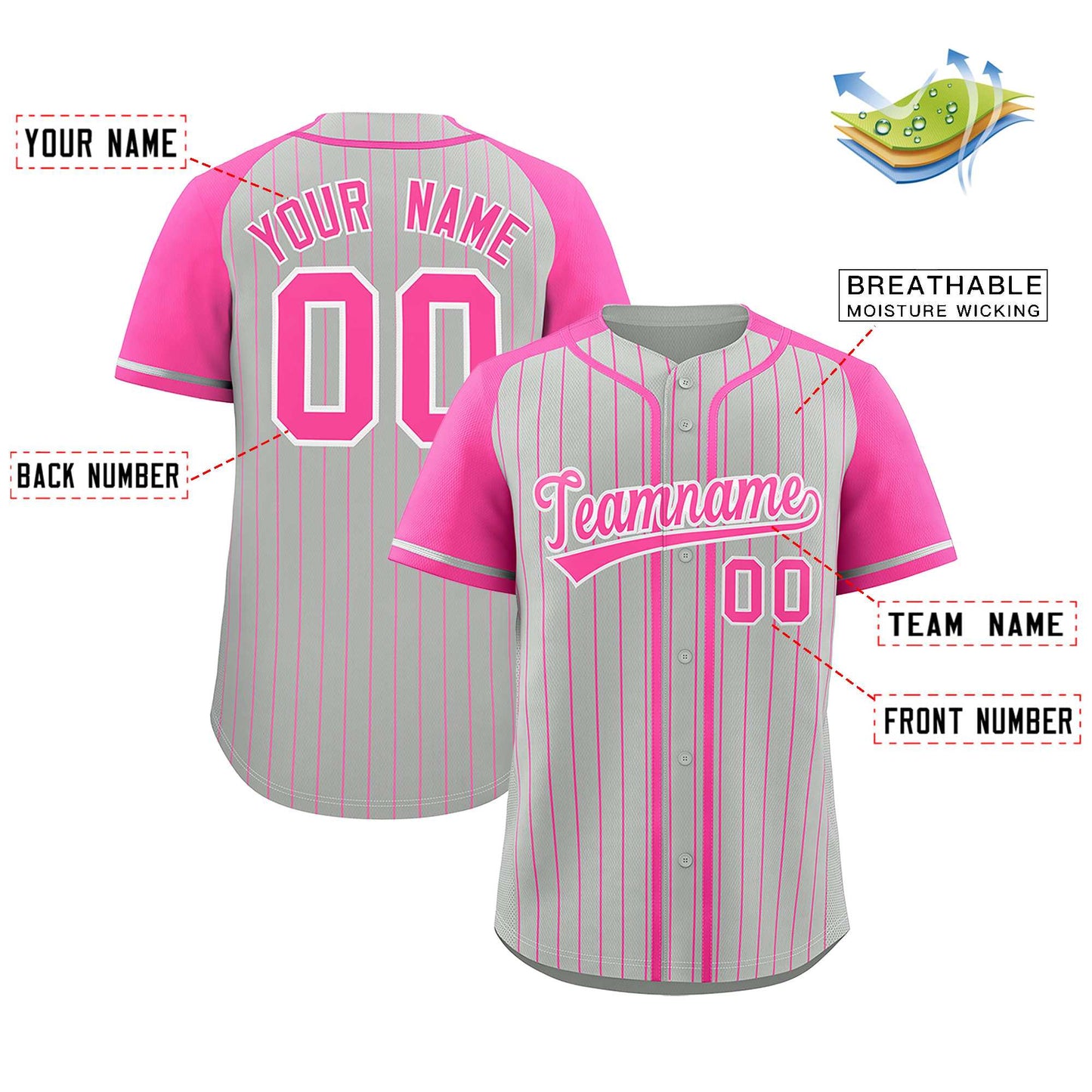 Custom Gray Pink Stripe Fashion Raglan Sleeves Authentic Baseball Jersey Limited