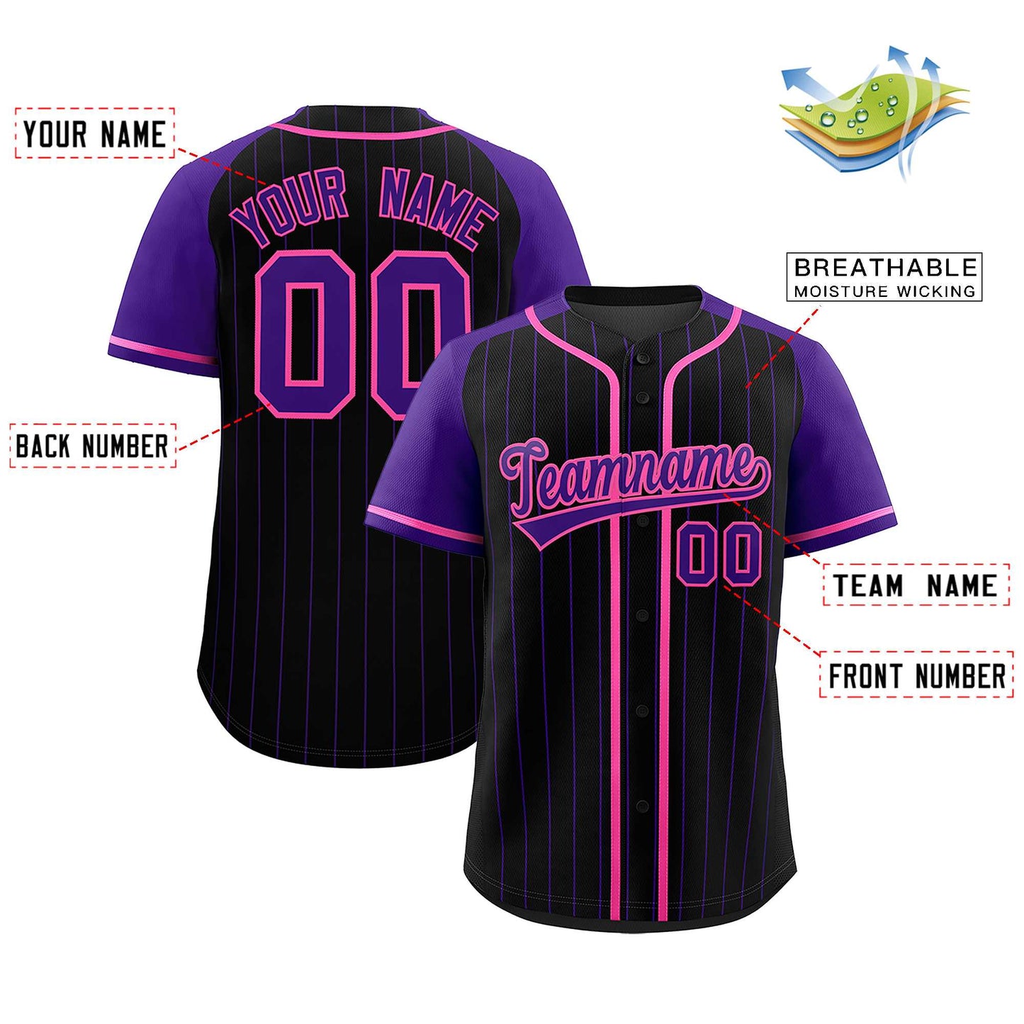 Custom Black Purple Stripe Fashion Raglan Sleeves Authentic Baseball Jersey Limited