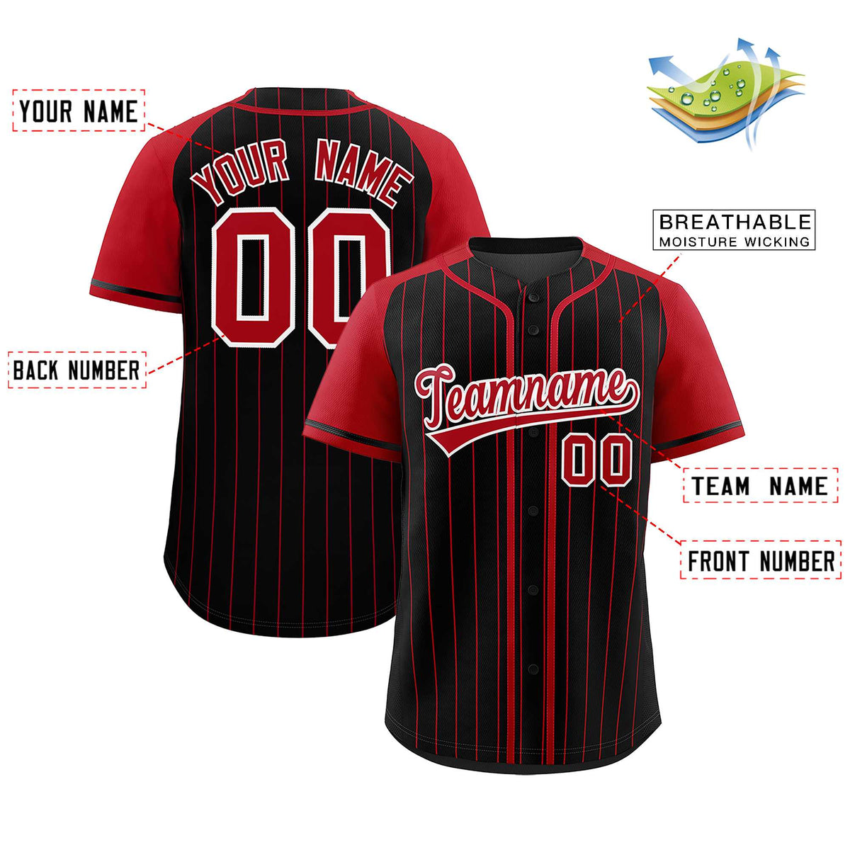 Custom Black Red Stripe Fashion Raglan Sleeves Authentic Baseball Jersey Limited
