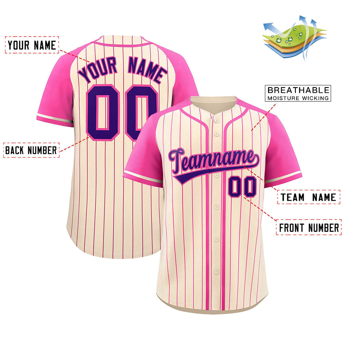 Custom Cream Pink Stripe Fashion Raglan Sleeves Authentic Baseball Jersey Limited