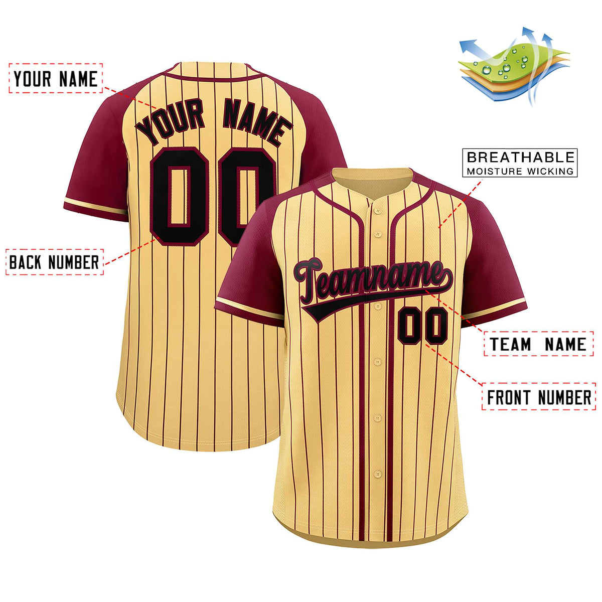 Custom Khaki Crimson Stripe Fashion Raglan Sleeves Authentic Baseball Jersey Limited