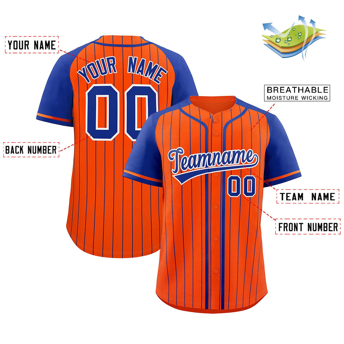 Custom Orange Royal Stripe Fashion Raglan Sleeves Authentic Baseball Jersey Limited