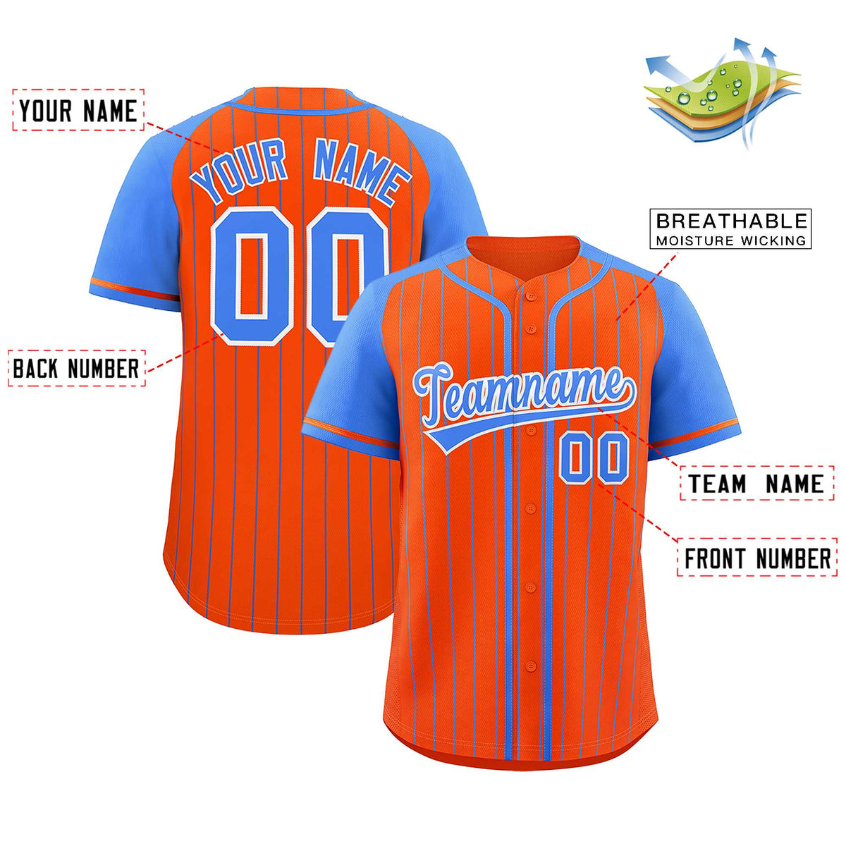 Custom Orange Powder Blue Stripe Fashion Raglan Sleeves Authentic Baseball Jersey Limited