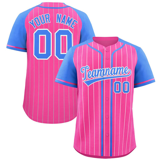 Custom Pink Powder Blue Stripe Fashion Raglan Sleeves Authentic Baseball Jersey