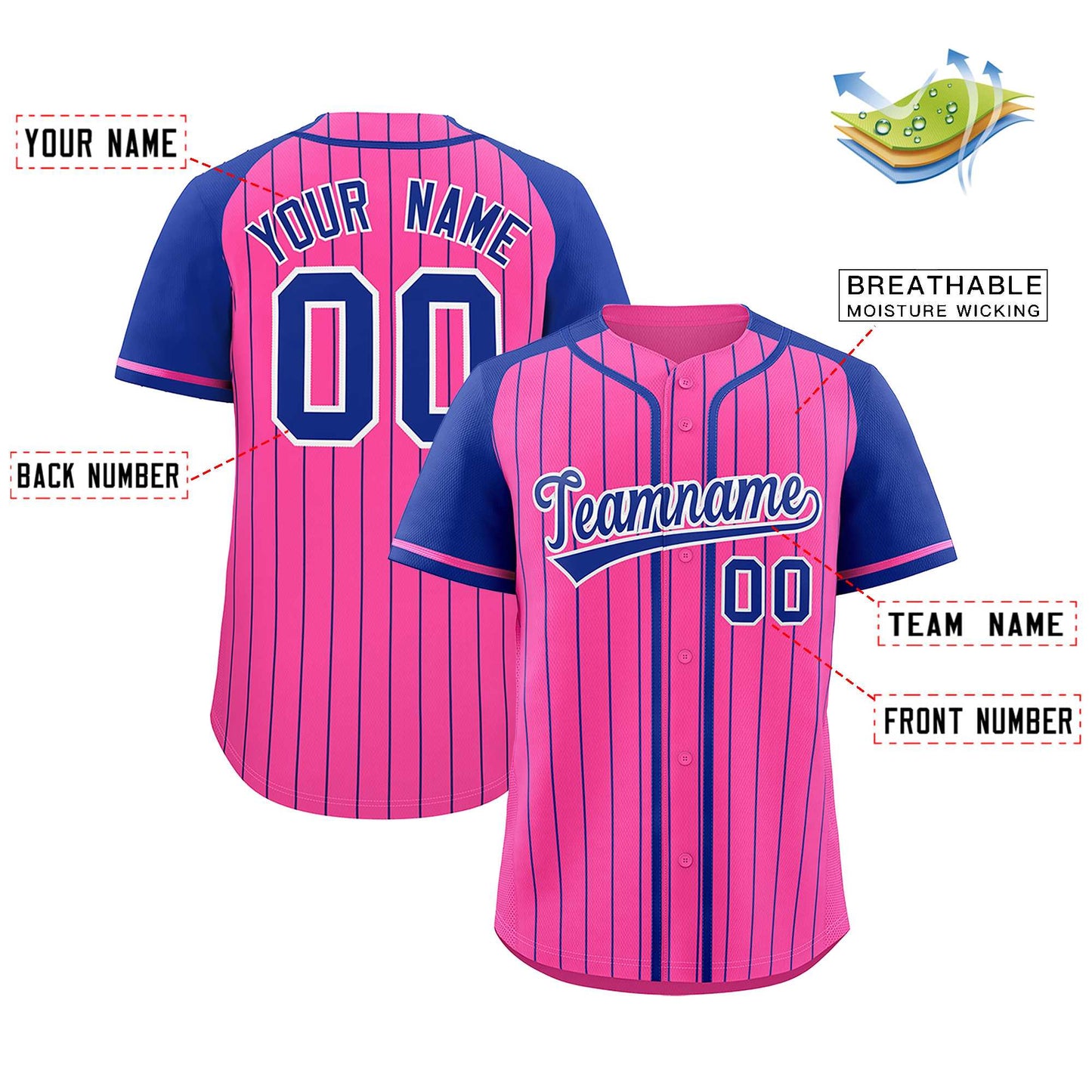 Custom Pink Royal Stripe Fashion Raglan Sleeves Authentic Baseball Jersey Limited