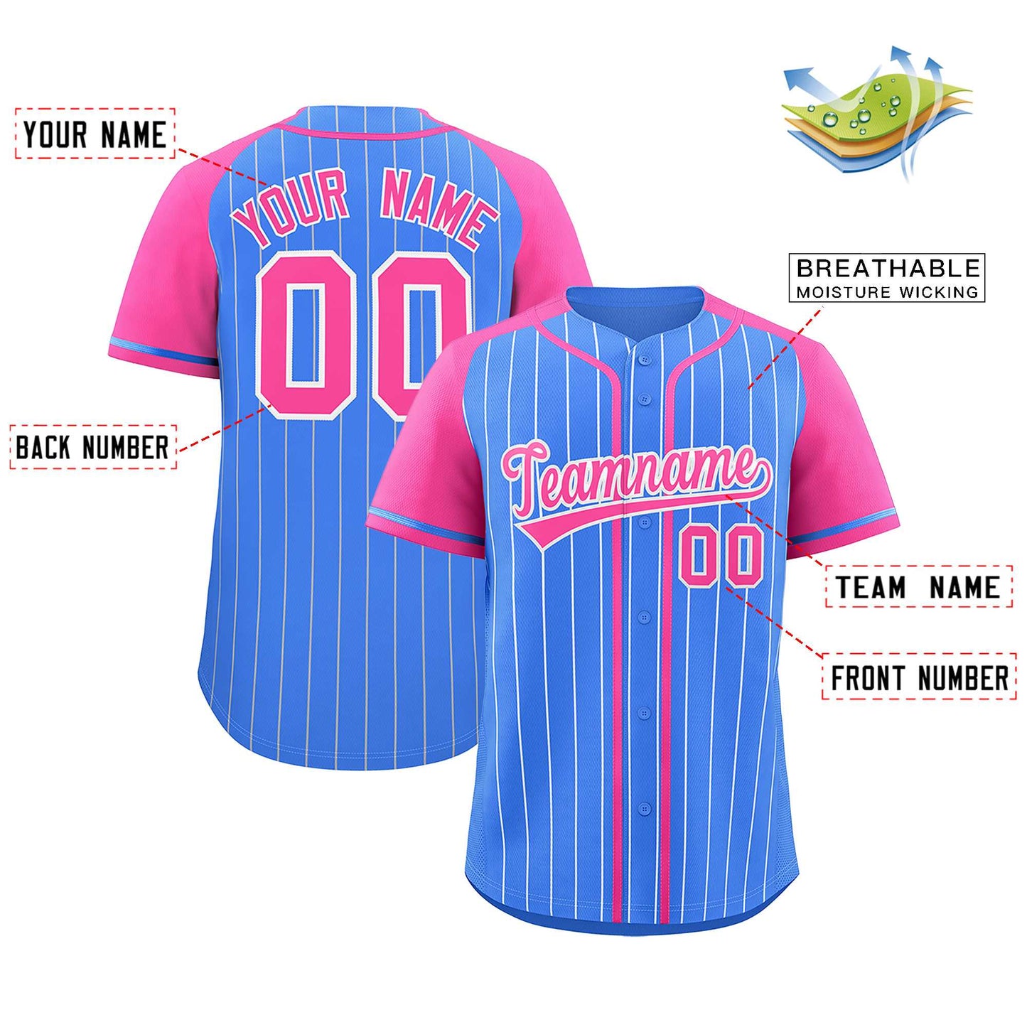 Custom Powder Blue Pink Stripe Fashion Raglan Sleeves Authentic Baseball Jersey Limited