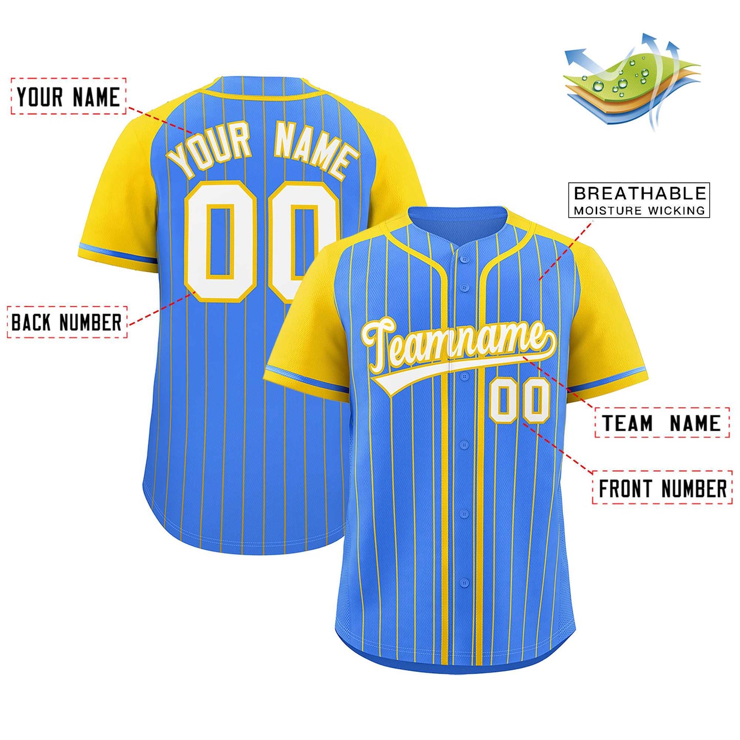 Custom Powder Blue Gold Stripe Fashion Raglan Sleeves Authentic Baseball Jersey Limited