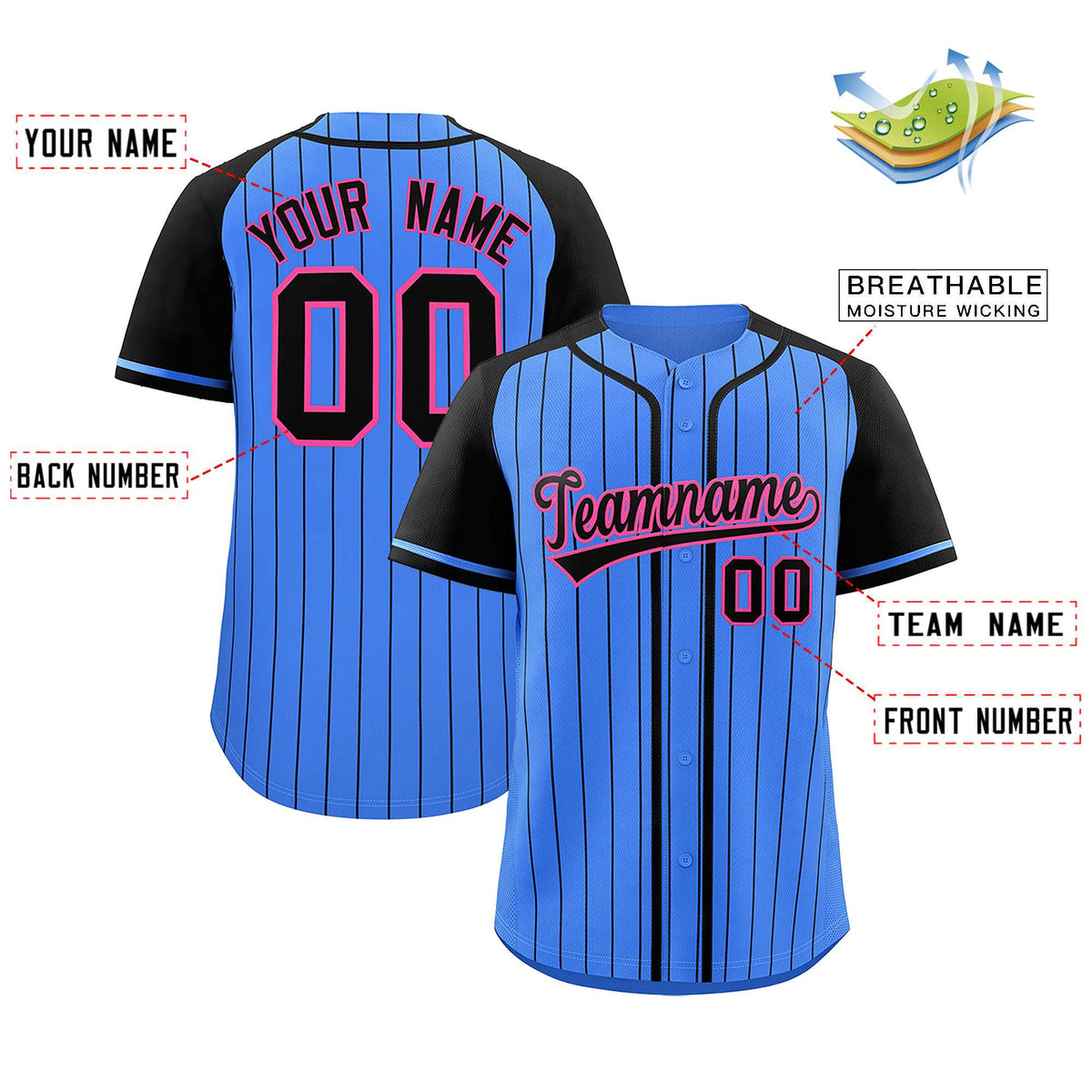 Custom Powder Blue Black Stripe Fashion Raglan Sleeves Authentic Baseball Jersey Limited