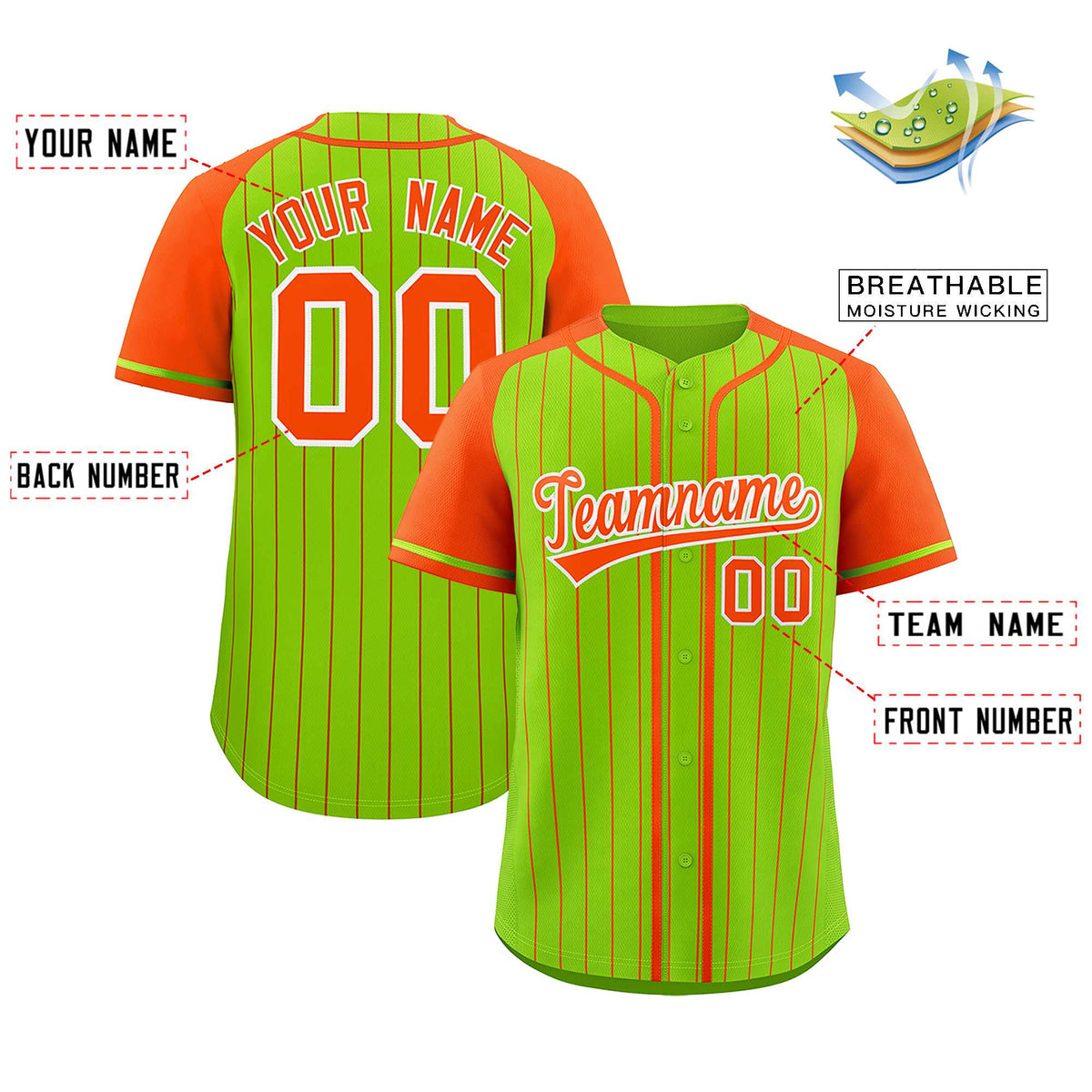 Custom Neon Green Orange Stripe Fashion Raglan Sleeves Authentic Baseball Jersey Limited