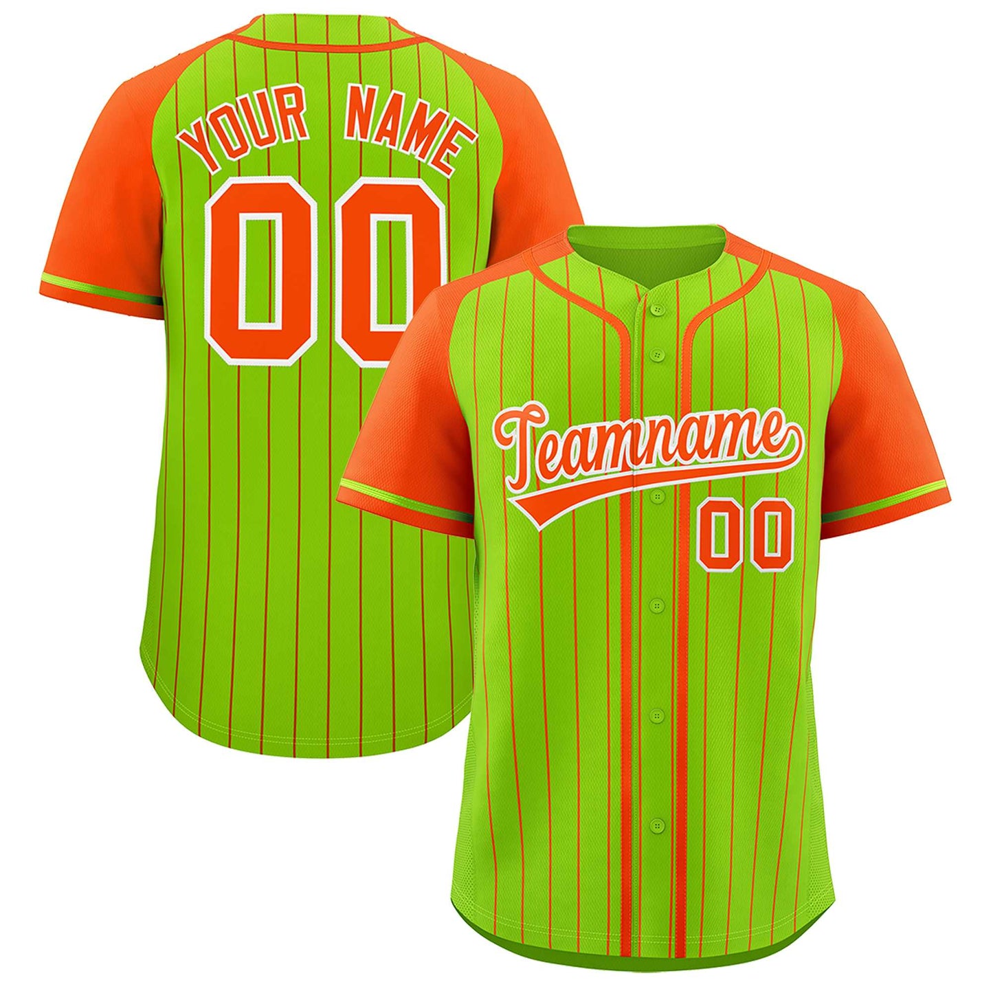 Custom Neon Green Orange Stripe Fashion Raglan Sleeves Authentic Baseball Jersey