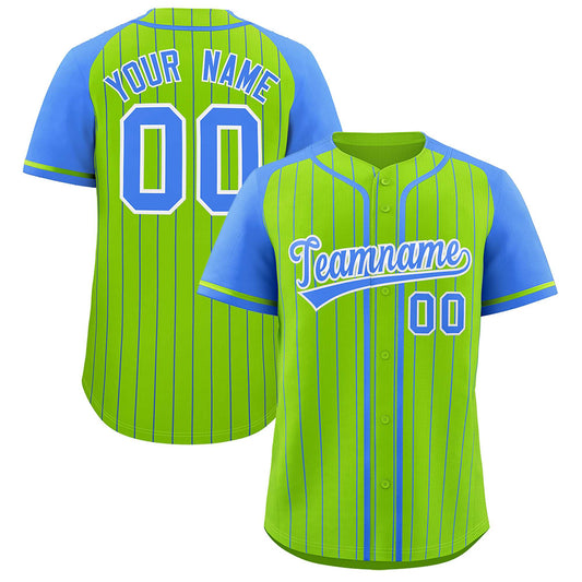 Custom Neon Green Powder Blue Stripe Fashion Raglan Sleeves Authentic Baseball Jersey