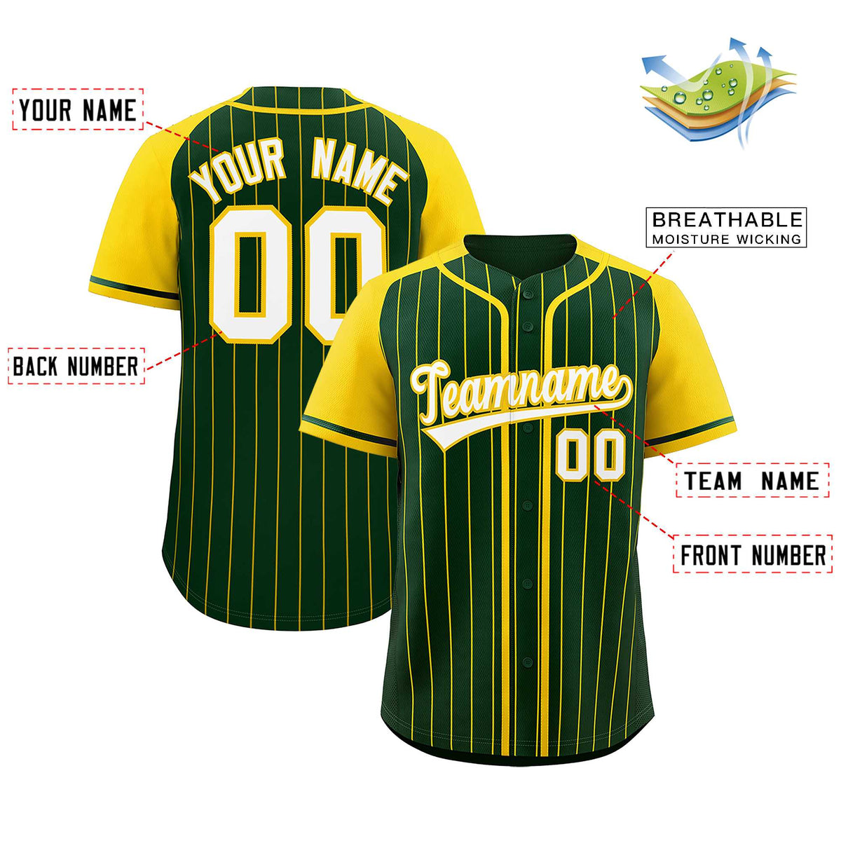 Custom Green Gold Stripe Fashion Raglan Sleeves Authentic Baseball Jersey Limited