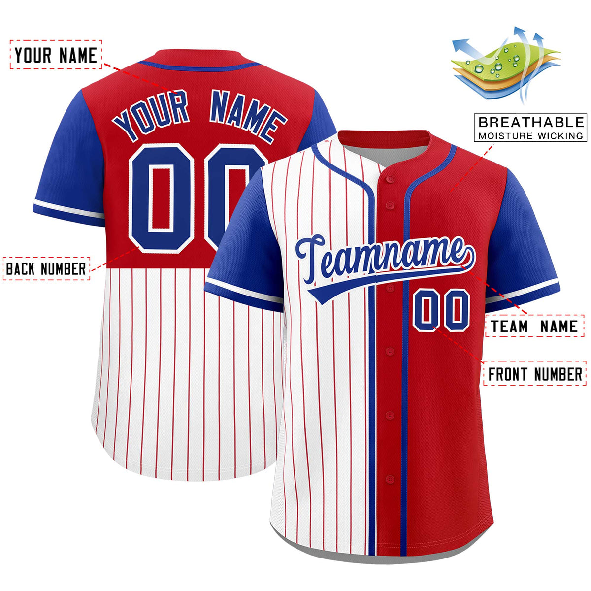 Custom White Red and Royal Pinstripe Personalized Raglan Sleeves Authentic Baseball Jersey Limited