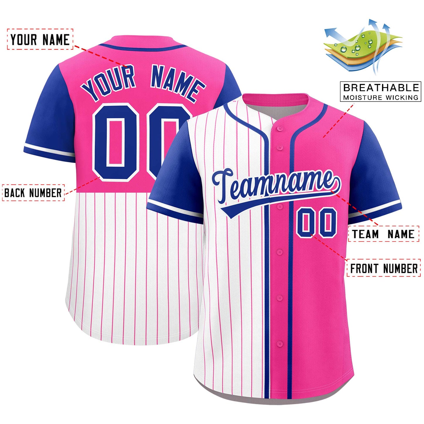 Custom White Pink and Royal Pinstripe Personalized Raglan Sleeves Authentic Baseball Jersey Limited