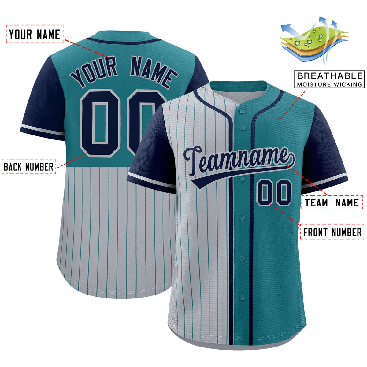 Custom Gray Teal and Navy Pinstripe Personalized Raglan Sleeves Authentic Baseball Jersey Limited