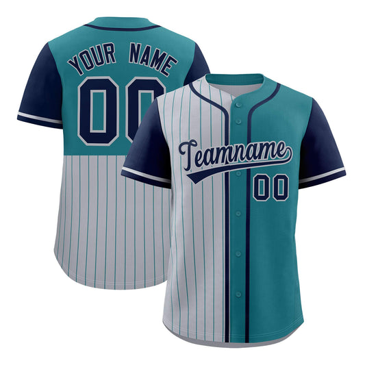 Custom Gray Teal and Navy Pinstripe Personalized Raglan Sleeves Authentic Baseball Jersey