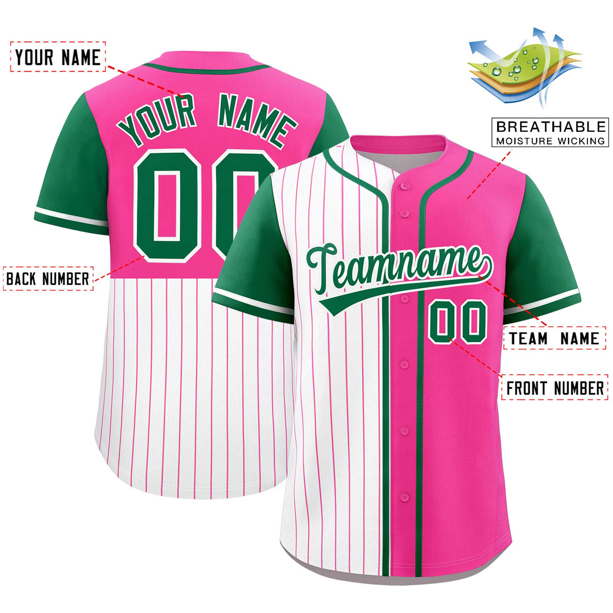 Custom White Pink and Kelly Green Pinstripe Personalized Raglan Sleeves Authentic Baseball Jersey Limited