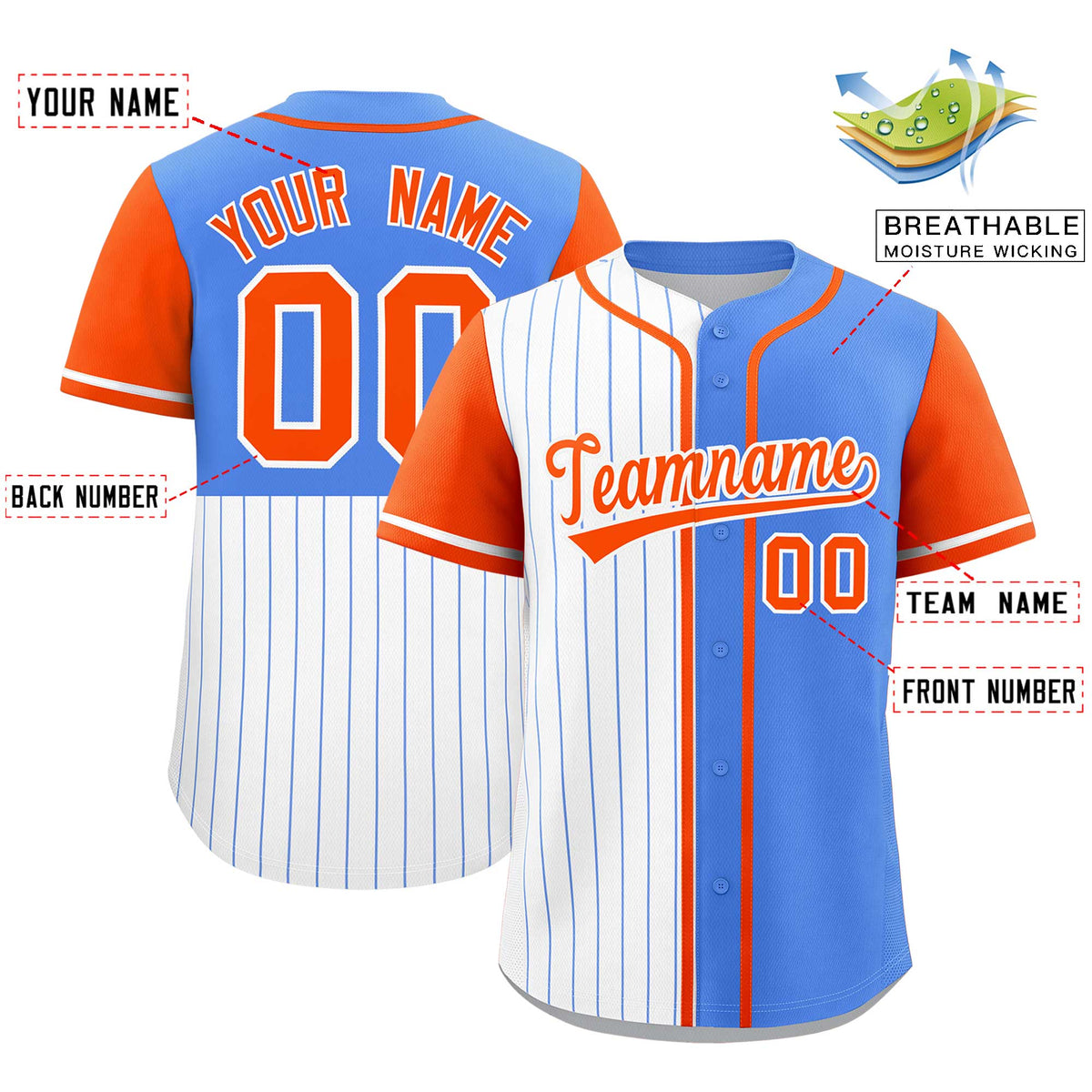 Custom White Powder Blue and Orange Pinstripe Personalized Raglan Sleeves Authentic Baseball Jersey Limited