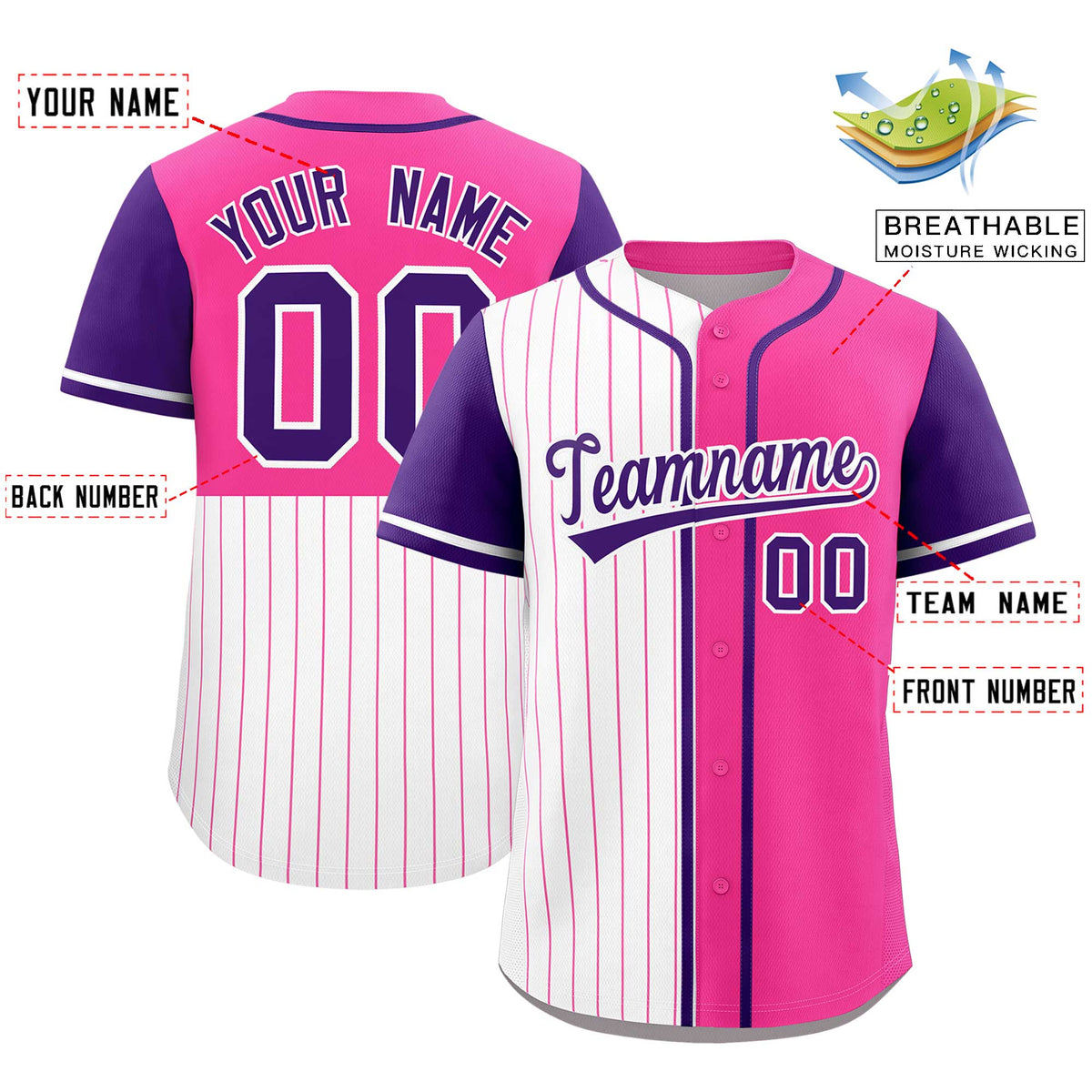 Custom White Pink and Purple Pinstripe Personalized Raglan Sleeves Authentic Baseball Jersey Limited
