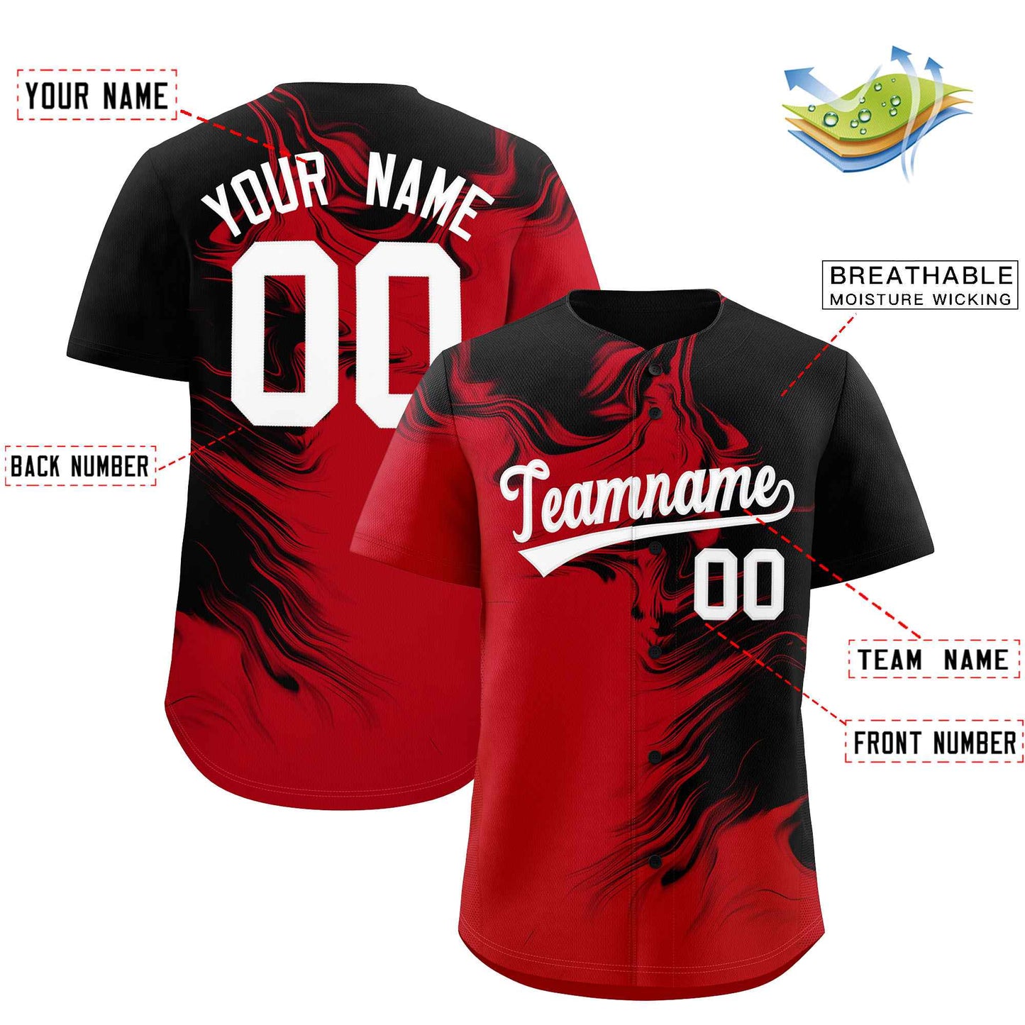 Custom Black Red Personalized Ink Pattern Authentic Baseball Jersey Limited
