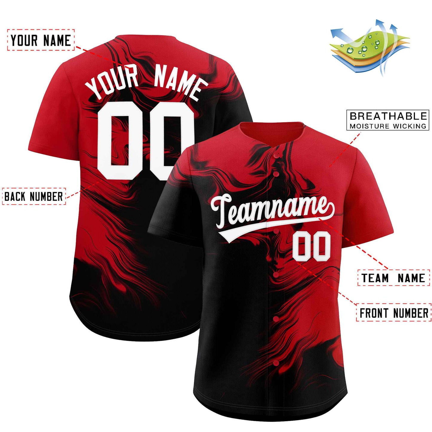 Custom Red Black Personalized Ink Pattern Authentic Baseball Jersey Limited