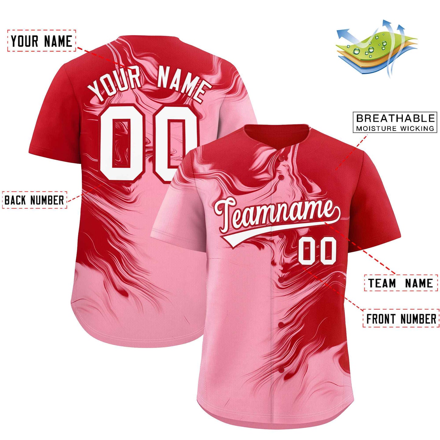 Custom Red Light Pink Personalized Ink Pattern Authentic Baseball Jersey Limited