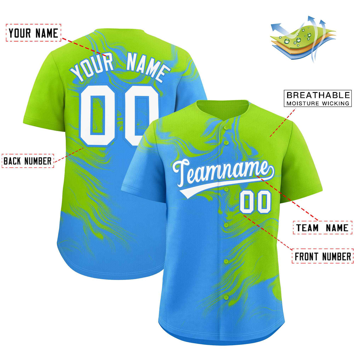 Custom Neon Green Powder Blue Personalized Ink Pattern Authentic Baseball Jersey Limited