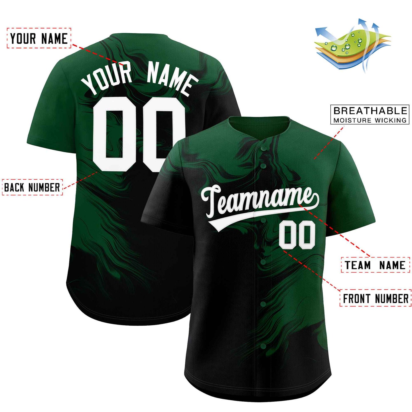 Custom Green Black Personalized Ink Pattern Authentic Baseball Jersey Limited