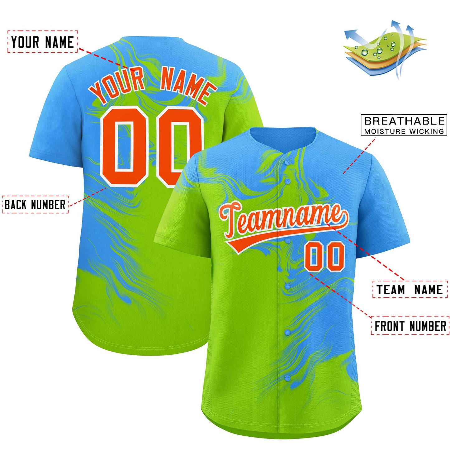 Custom Powder Blue Neon Green Personalized Ink Pattern Authentic Baseball Jersey Limited