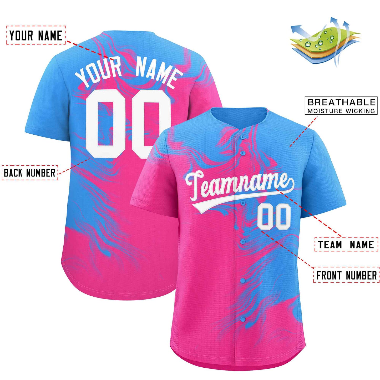 Custom Powder Blue Pink Personalized Ink Pattern Authentic Baseball Jersey Limited