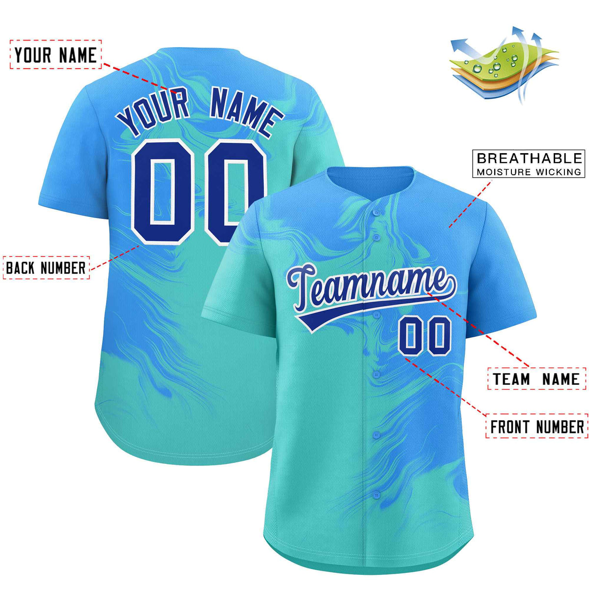 Custom Powder Blue Bright Green Personalized Ink Pattern Authentic Baseball Jersey Limited