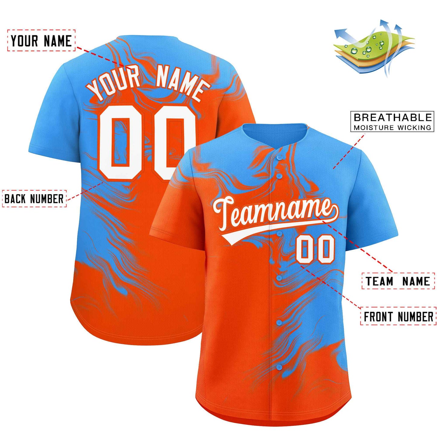 Custom Powder Blue Orange Personalized Ink Pattern Authentic Baseball Jersey Limited