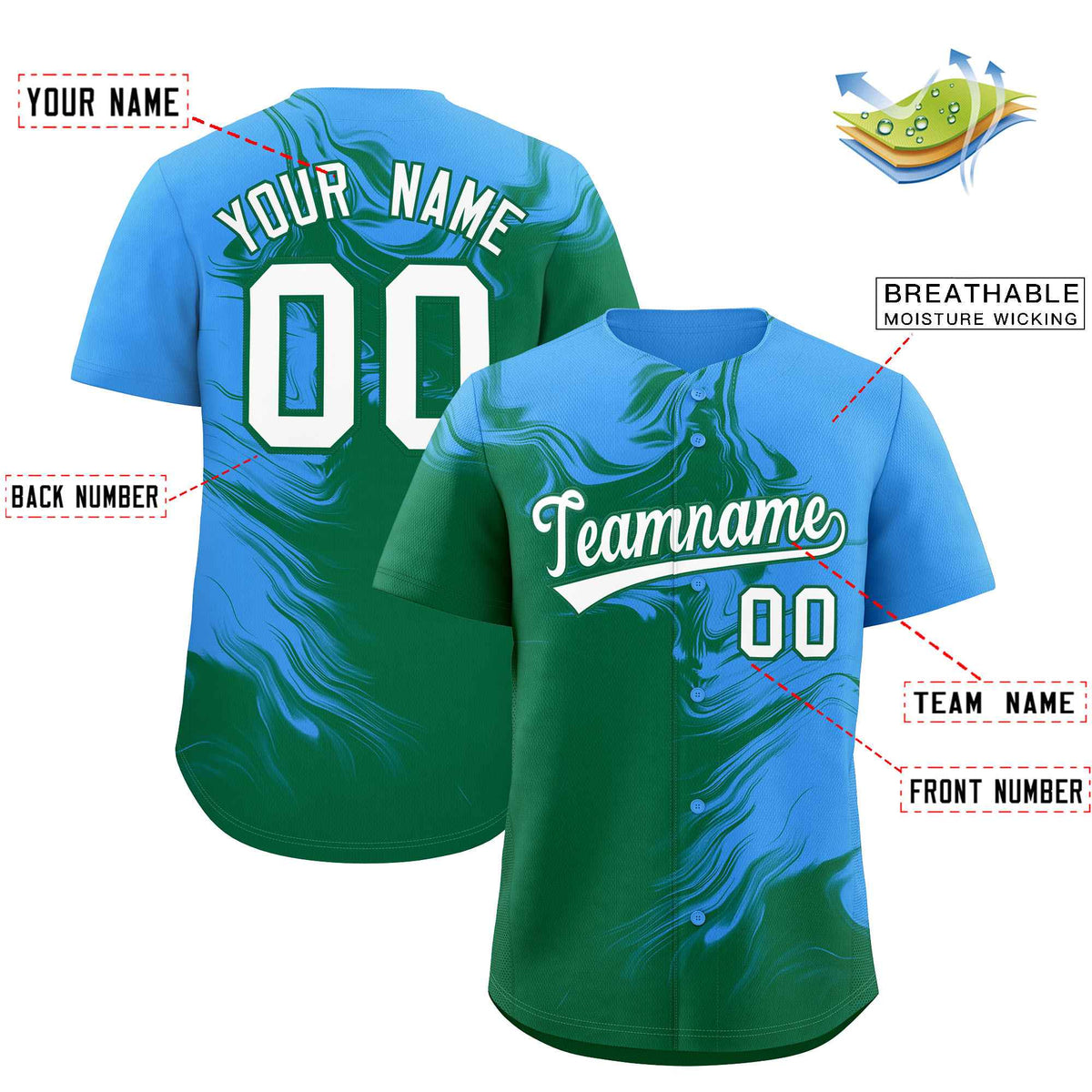 Custom Powder Blue Kelly Green Personalized Ink Pattern Authentic Baseball Jersey Limited