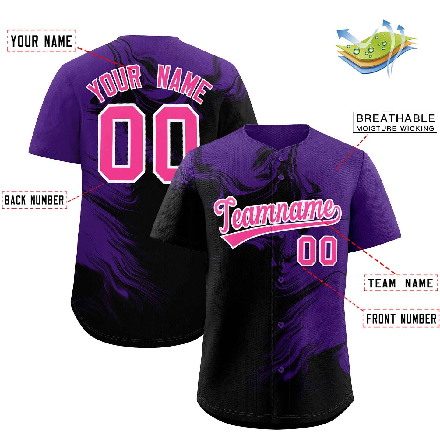 Custom Purple Black Personalized Ink Pattern Authentic Baseball Jersey Limited