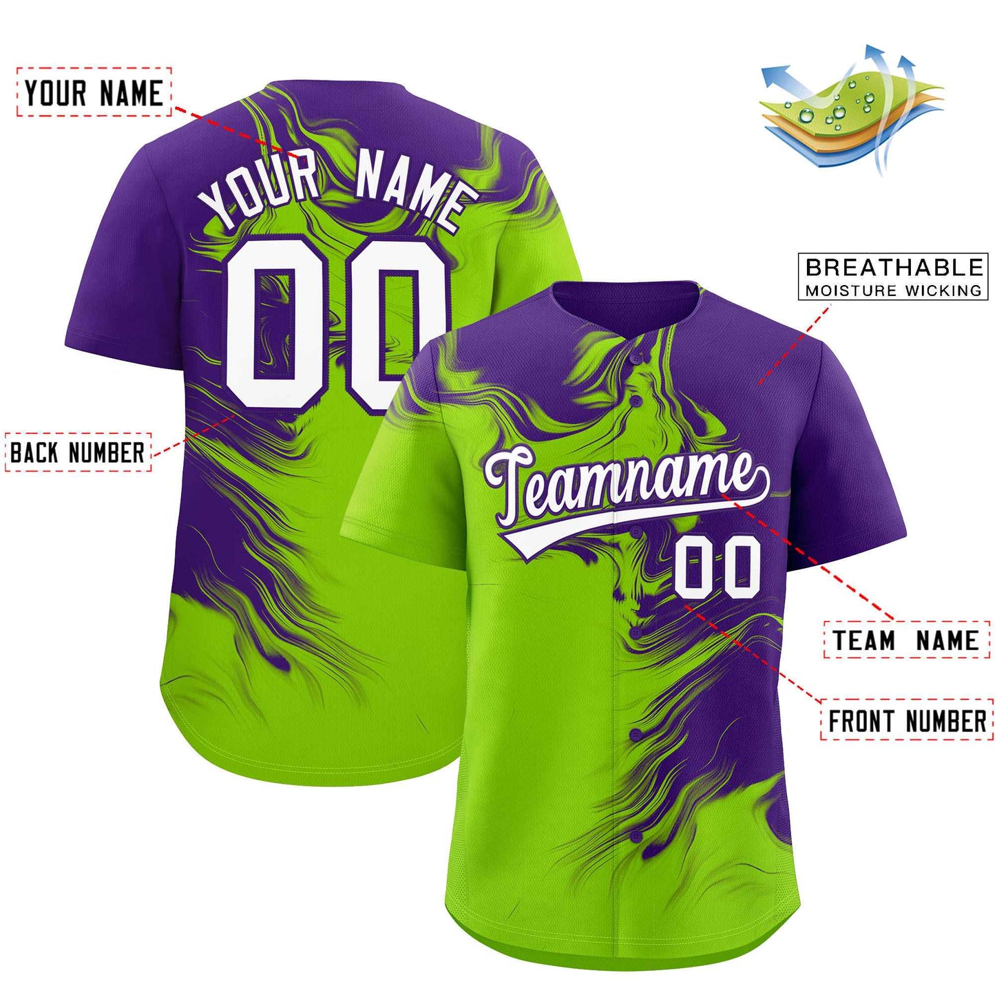 Custom Purple Neon Green Personalized Ink Pattern Authentic Baseball Jersey Limited
