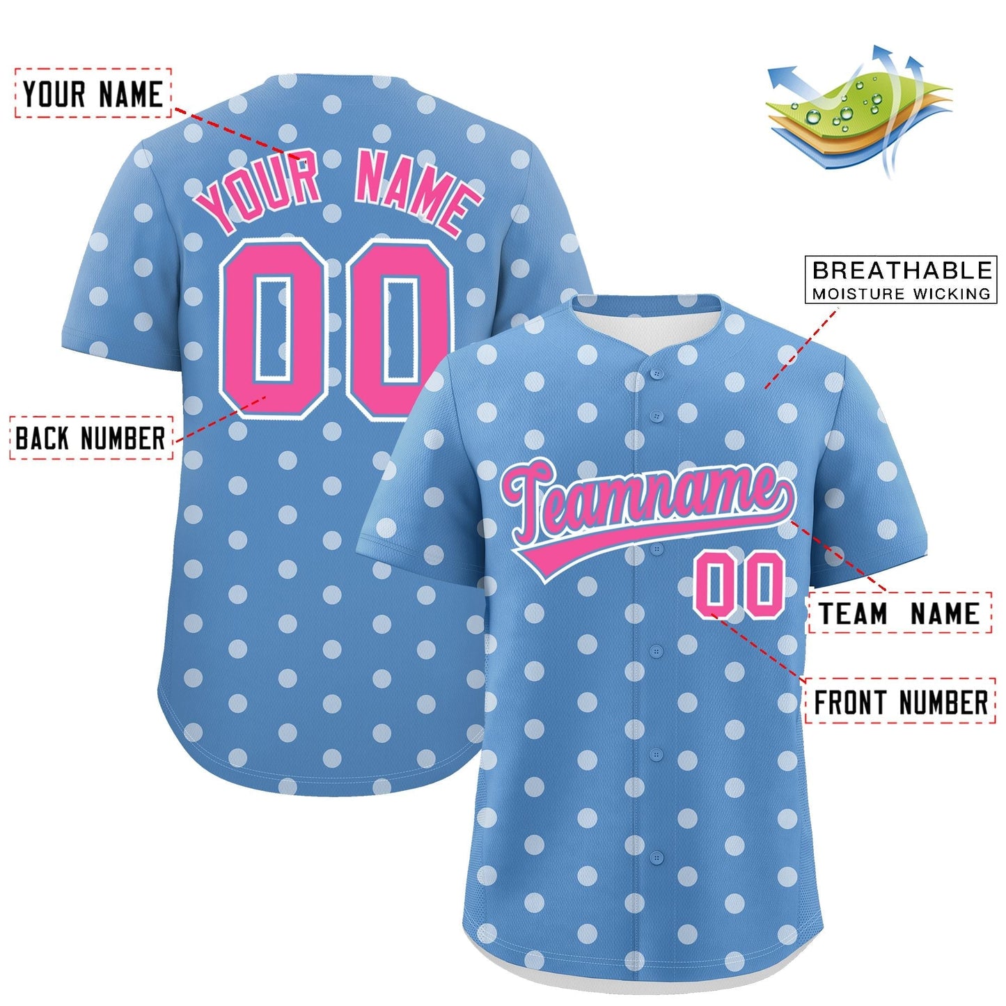 Custom Light Blue White Personalized Polka Dot Graffiti Pattern Authentic Baseball Jersey Limited
